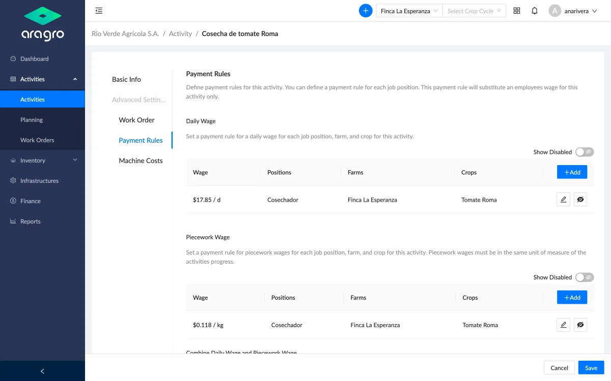 Daily and piecework payment rules configured for a harvest activity in Aragro